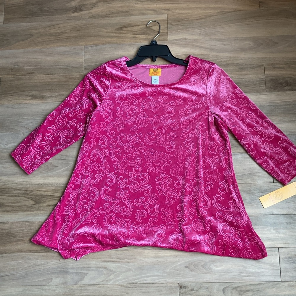 Ruby Rd top velvet floral print top fushia boho blouse casual office PM - Picture 6 of 16